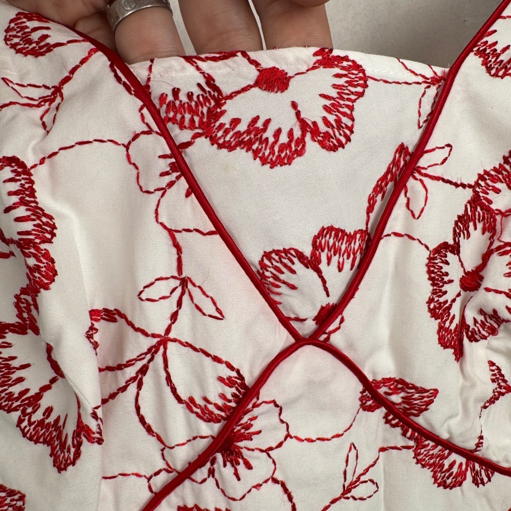 Mica Vintage White Dress Red‎ Floral Embroidered Sleeveless V Neck Summer Party - Picture 3 of 8
